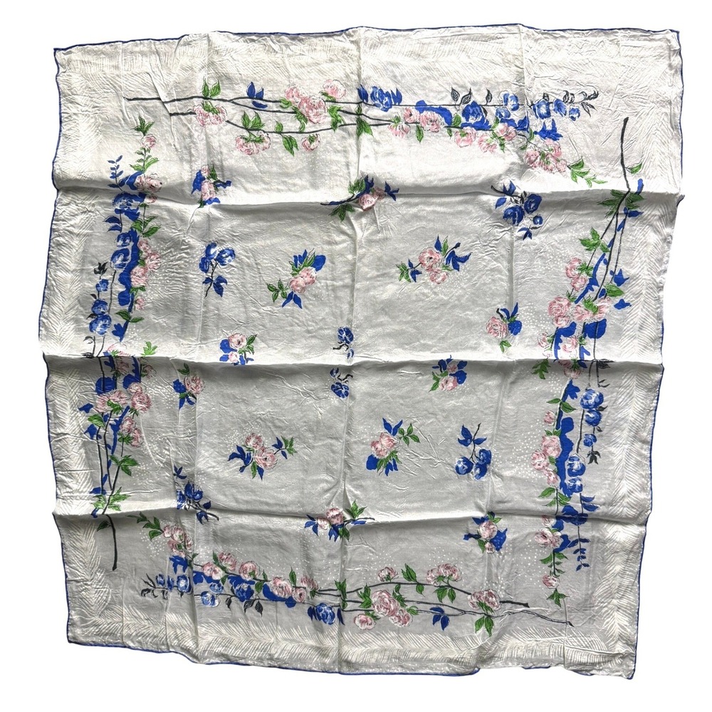 Unbranded Square Scarf Women OS White Fair Floral Silk-Like Sheer Vintage